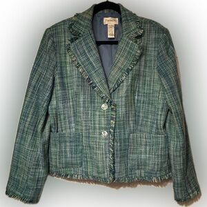 Chadwick’s Sz 14 Multi Color Tweed Blazer w/button closure, button cuffs, fringe